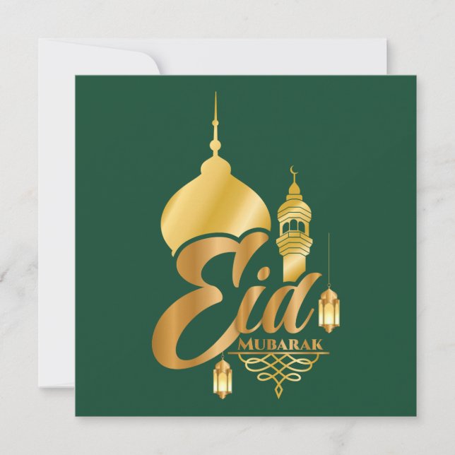 Eid Mubarak Islamic Lantern Mosque Grönt Golden Julkort (Framsida)