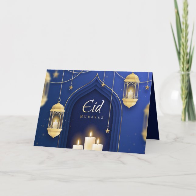 Eid Mubarak Islamic Lantern Star Candle Blue Helgkort (Framsida)