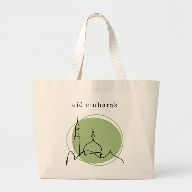 Eid Mubarak Jumbo Tote | Modern moské, sagemörkgrö Tygkasse (Framsidan)