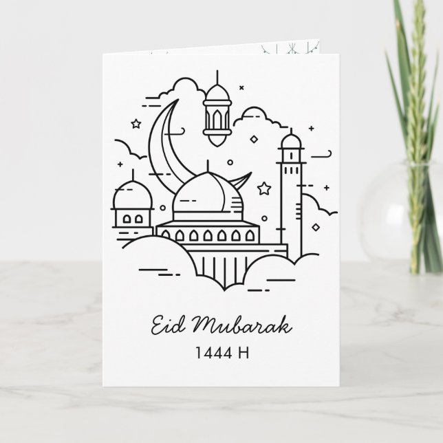 Eid Mubarak Line Art Vitvikt kort (Framsida)