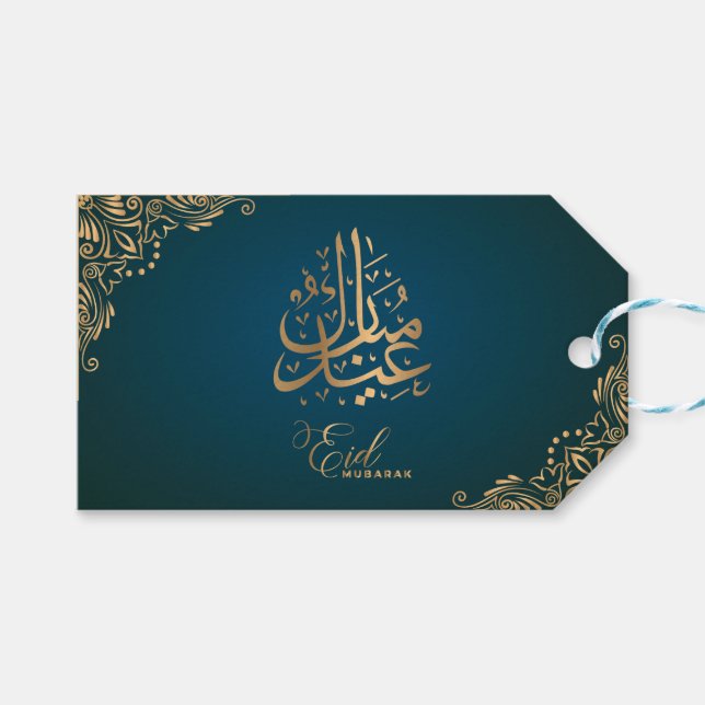 Eid Mubarak | Lycklig Eid Golden Grönt Calligraphy Presentetikett (Framsidan (Horisontell))