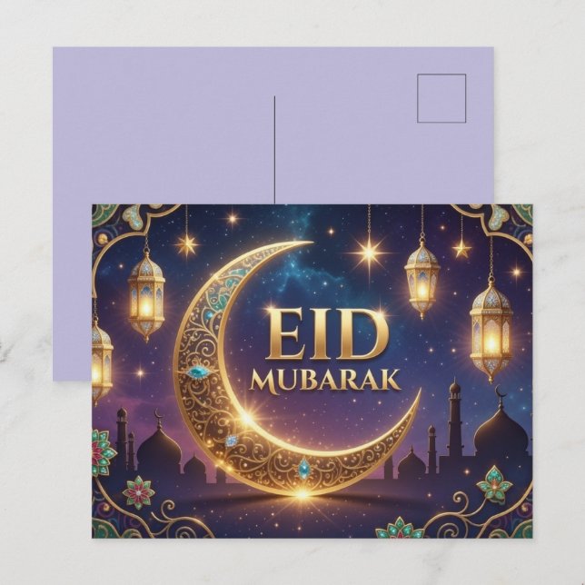 Eid Mubarak Lyx Guld och marinblå  Vykort (Fram/baksida)