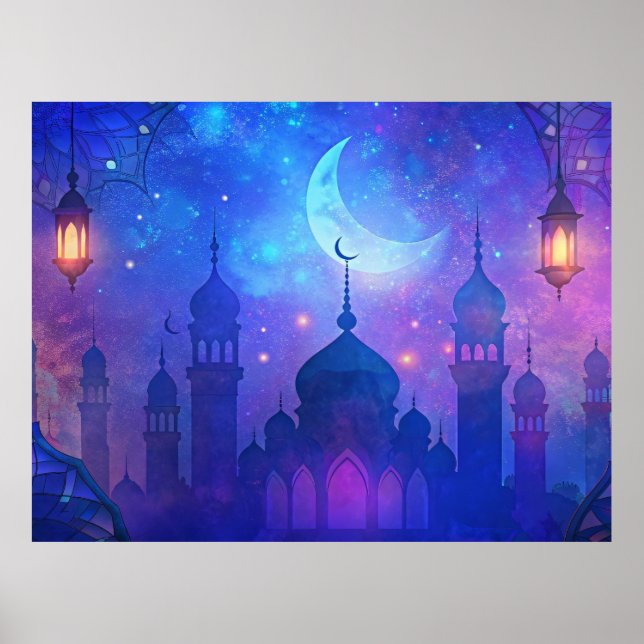 Eid Mubarak Magi Arabiska Nätter Halvmåne Färger Poster (Framsidan)
