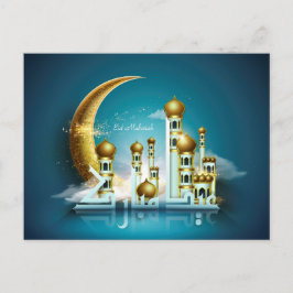 Eid Mubarak Måne Mosque Arabiska Calligraphy Blue Helg Vykort