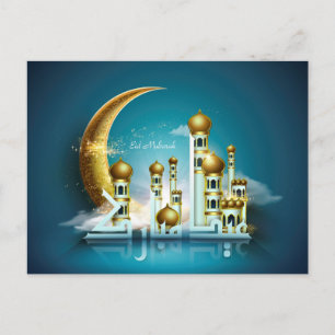 Eid Mubarak Måne Mosque Arabiska Calligraphy Blue Helg Vykort