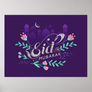 Eid mubarak med blommor och måne Poster