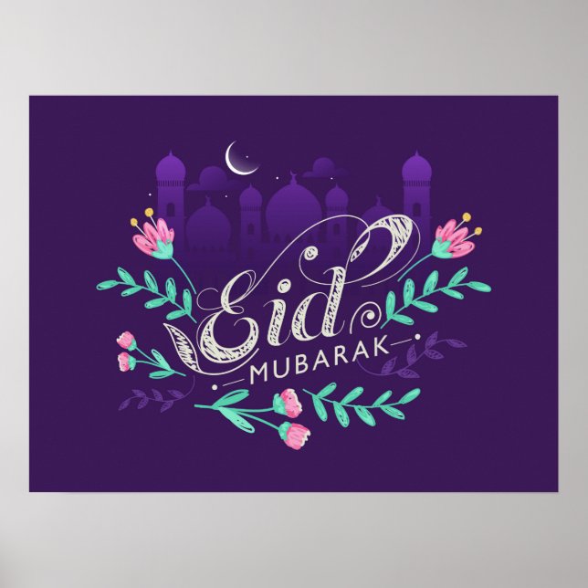 Eid mubarak med blommor och måne Poster (Framsidan)