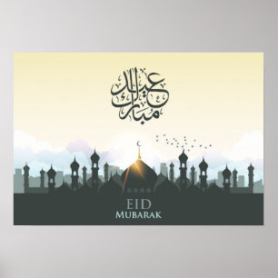 Eid mubarak med moské och fåglar poster