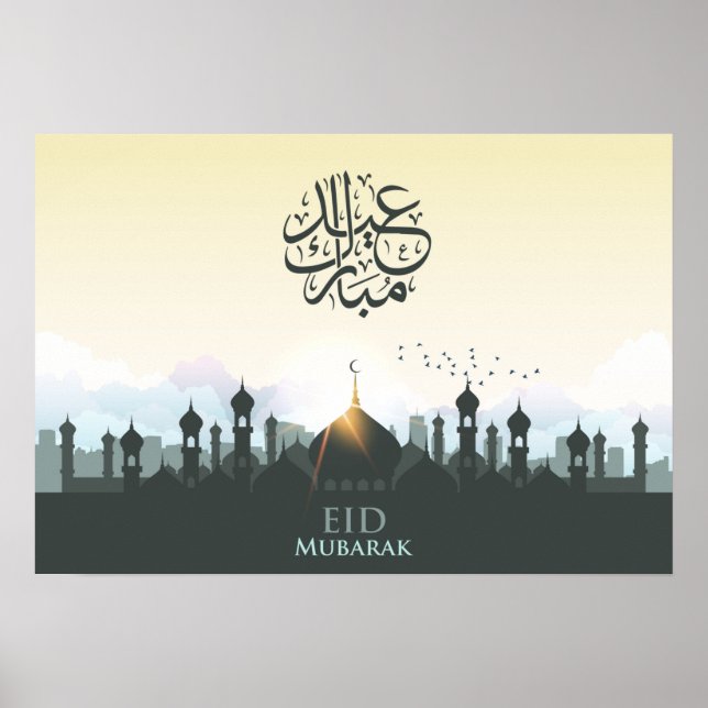 Eid mubarak med moské och fåglar poster (Framsidan)