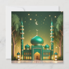 Eid Mubarak Moské Halvmåne Stjärnor Grön Guld Julkort