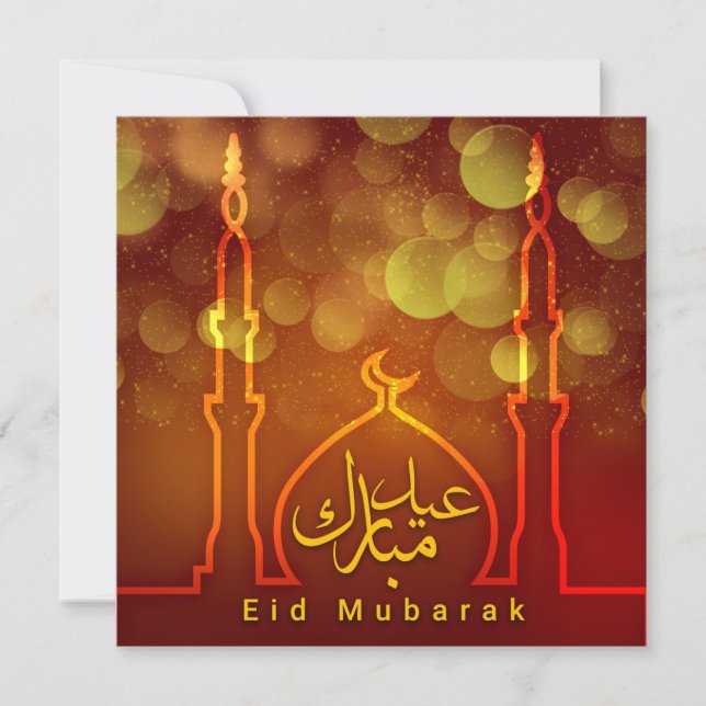Eid Mubarak Mosque Crescent Red Golden Julkort (Framsida)