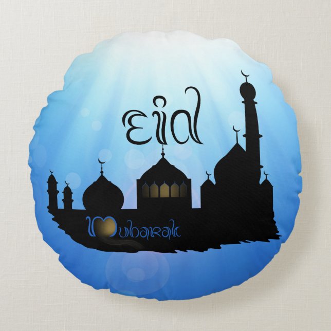 Eid Mubarak Mosque med typografi Rund Kudde (Framsidan)