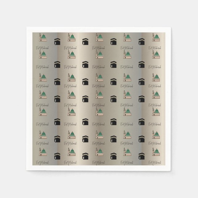 Eid Mubarak Napkins – Gold Kaaba & Masjid Nabawi Pappersservett (Framsidan)