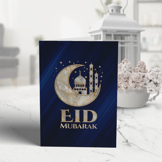 Eid Mubarak - Pearl och Guld på blue Kort (Skapare uppladdad)