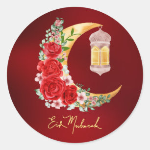 Eid Mubarak Red Blommigt Cresent Islamic Lantern Runt Klistermärke