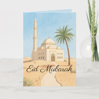 Eid Mubarak Simple Watercolor Mosque Handflatan Tr Kort