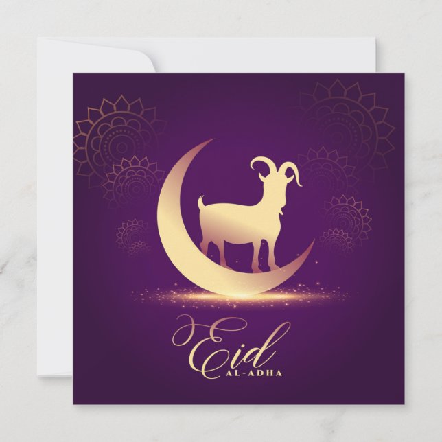Eid ul Adha Mubarak Crescent Goat Guld Lila Julkort (Framsida)