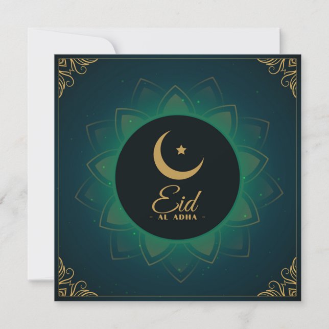 Eid ul Adha Mubarak Crescent Star Grönt Guld Julkort (Framsida)