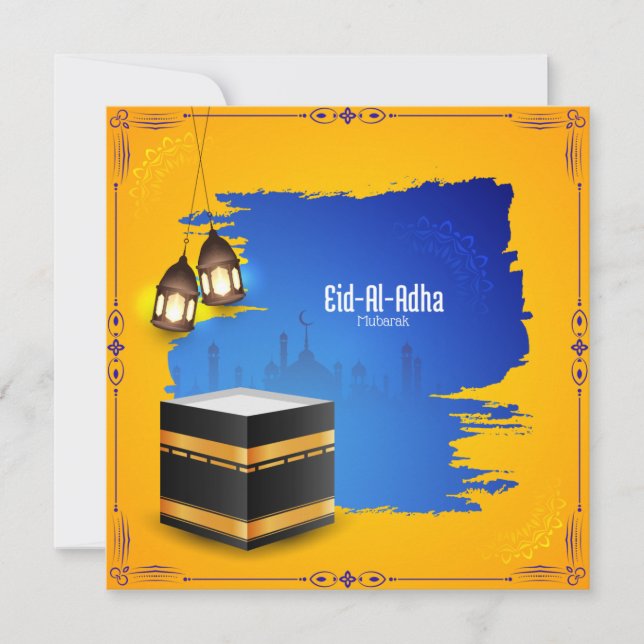 EidulAdha Islamic Lantern Mosque Blue Gult Julkort (Framsida)