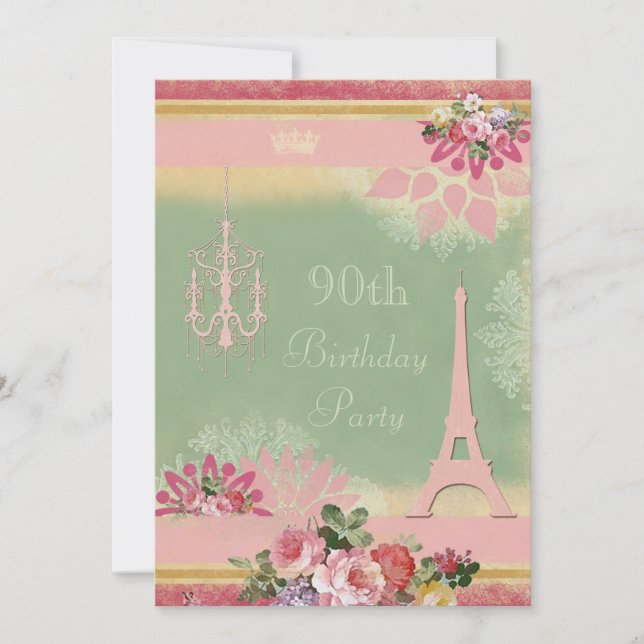 Eiffel för 90:e födelsedag rosa torn och ljuskrona inbjudningar (Framsida)