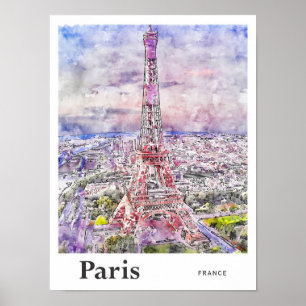 Eiffel Paris Frankrike Travel Watercolor Hand ploc Poster