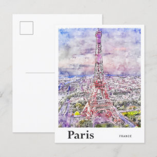 Eiffel Paris Frankrike Travel Watercolor Hand ploc Vykort