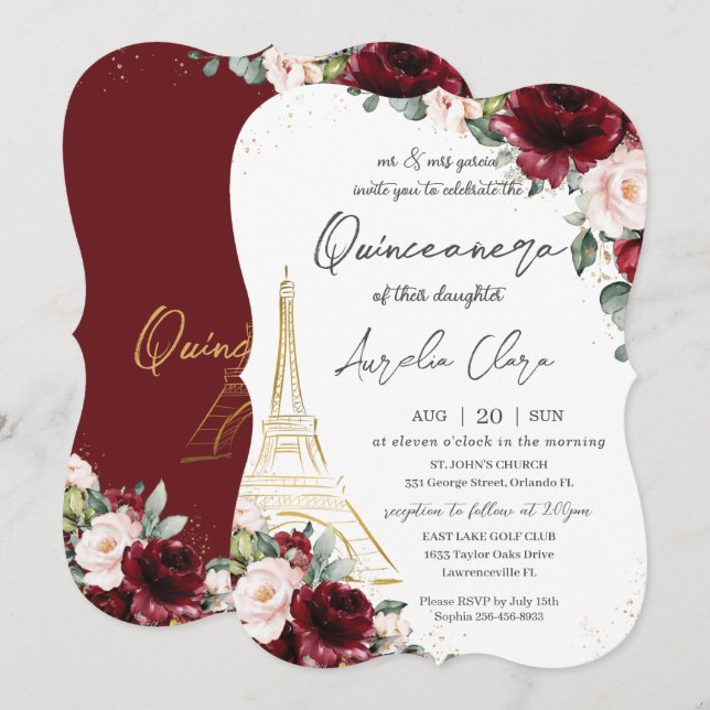 Eiffel Paris Quinceañera Burgundy  Blommigt Inbjudningar (Fram/baksida)
