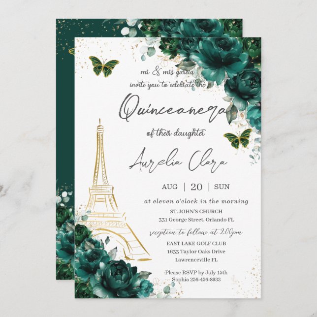 Eiffel Paris Quinceañera Emerald Grönt Blommigt Inbjudningar (Fram/baksida)