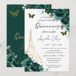 Eiffel Paris Quinceañera Emerald Grönt Blommigt Inbjudningar