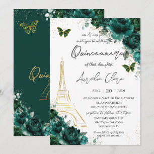 Eiffel Paris Quinceañera Emerald Grönt Blommigt Inbjudningar