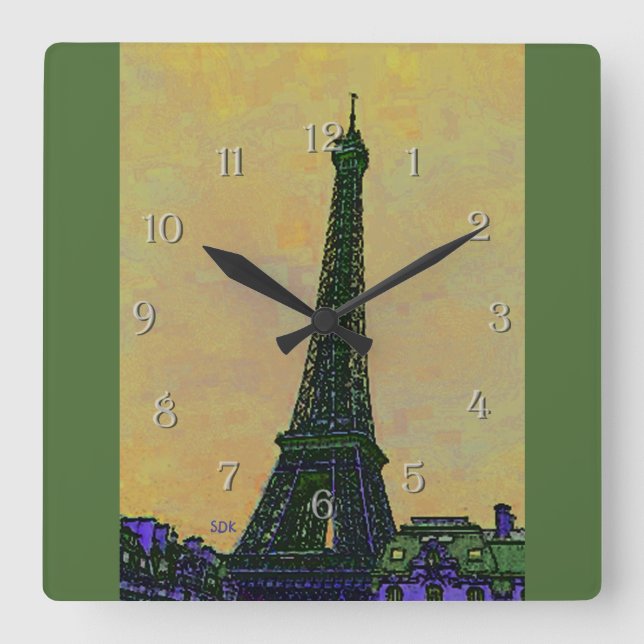 Eiffel Torn Art Fyrkantig Klocka (Framsida)