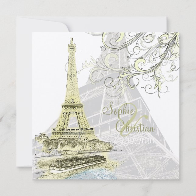 Eiffel Torn+bateau mouche+virrvarr bröllopsinbjudn Inbjudningar (Framsida)