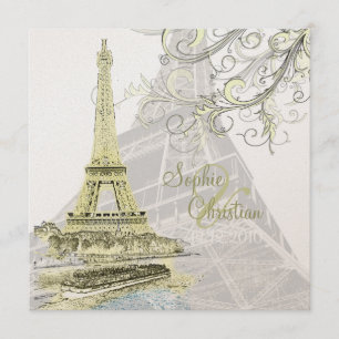 Eiffel Torn+bateau mouche+virrvarr bröllopsinbjudn Inbjudningar