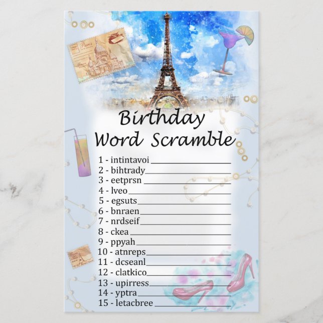 Eiffel torn Birthday Ord Scramble Game (Framsida)