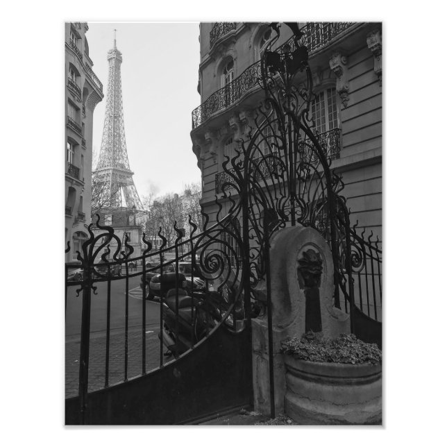 Eiffel Torn Black and White Art nouveau Photo Pri Fototryck (Framsidan)