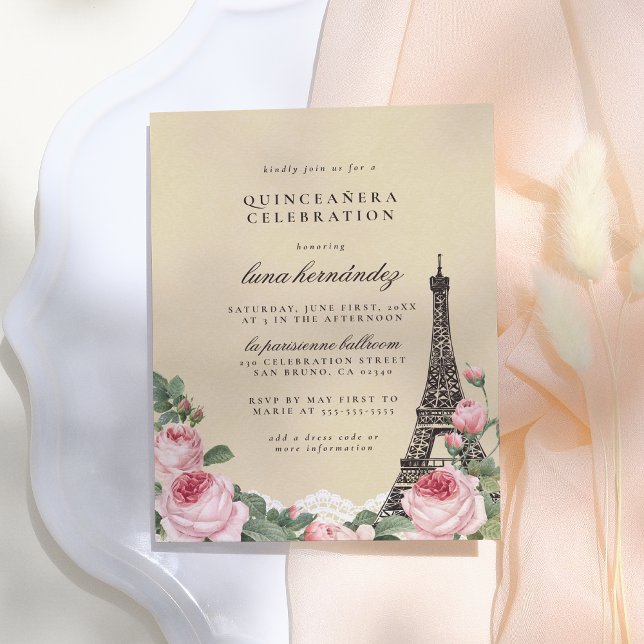 Eiffel Torn Blommigt Paris Thmet Quinceañera Inbjudan Vykort (Skapare uppladdad)