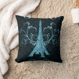 Eiffel Torn Blue Blommigt Swirls Pillow Kudde
