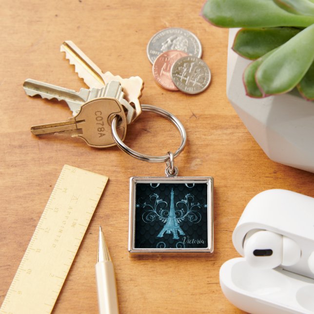 Eiffel Torn Blue Blommigt Swirls Square Keychain Fyrkantig Silverfärgad Nyckelring (Skrivbord)