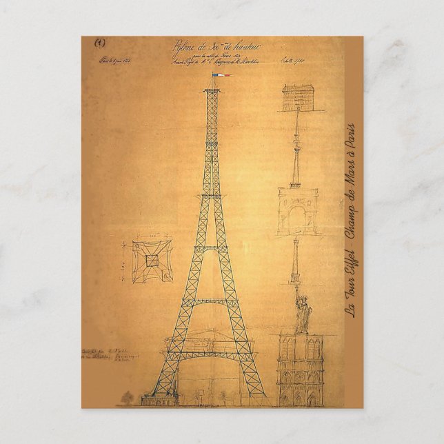 Eiffel Torn Blueprint 1884 Vykort (Framsida)