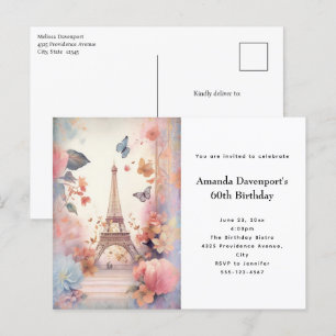 Eiffel Torn Butterflies and Flowers Birthday Inbjudan Vykort