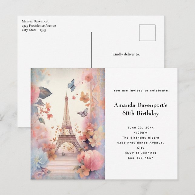Eiffel Torn Butterflies and Flowers Birthday Inbjudan Vykort (Fram/baksida)