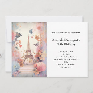 Eiffel Torn Butterflies and Flowers Birthday Inbjudningar