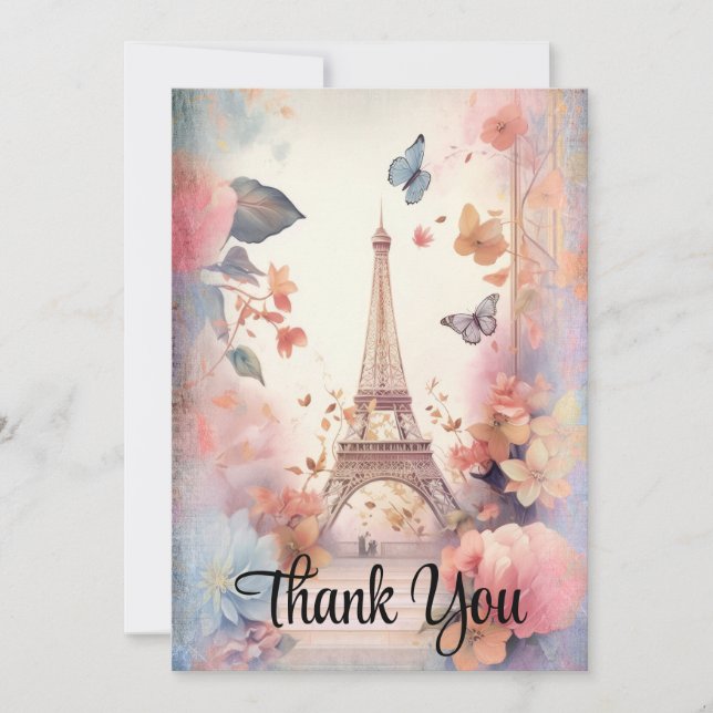 Eiffel Torn Butterflies och Flowers Tack Kort (Framsida)