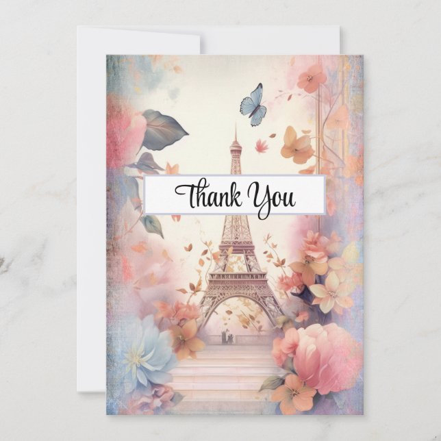 Eiffel Torn Butterflies och Flowers Tack Kort (Framsida)