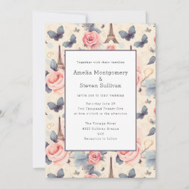 Eiffel Torn Butterfly och Ro Mönster Bröllop Inbjudningar