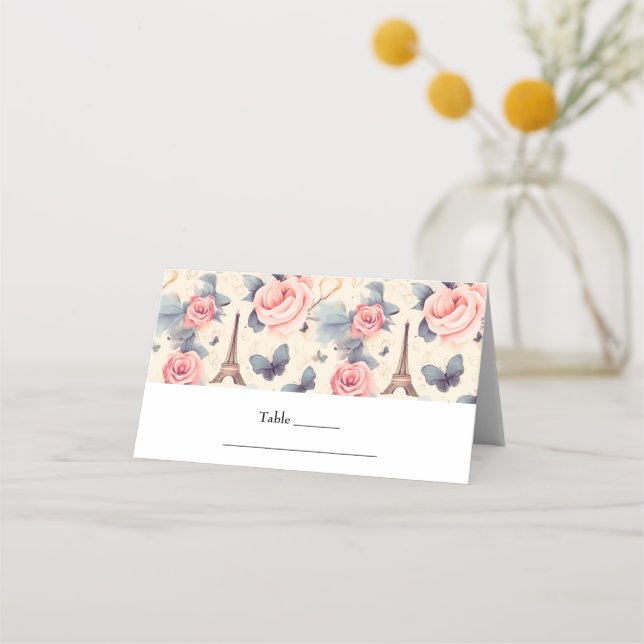 Eiffel Torn Butterfly och Ro Mönster Bröllop Placeringskort (Framsida)