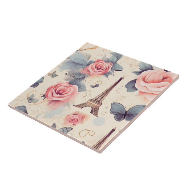 Eiffel Torn Butterfly och Ro Mönster Kakelplatta (Sidan)