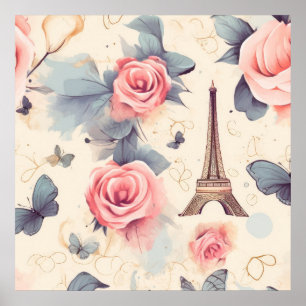 Eiffel Torn Butterfly och Ro Mönster Poster