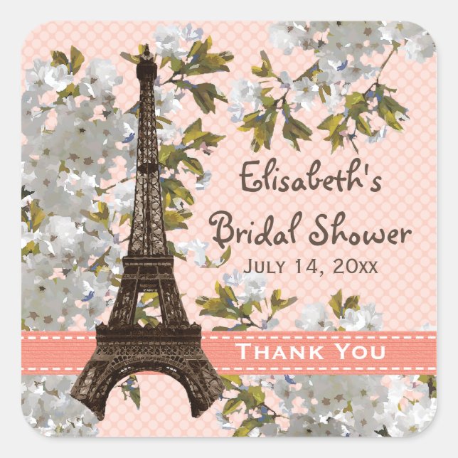 Eiffel Torn Cherry Blommar Tack Favor Sticke Fyrkantigt Klistermärke (Framsida)