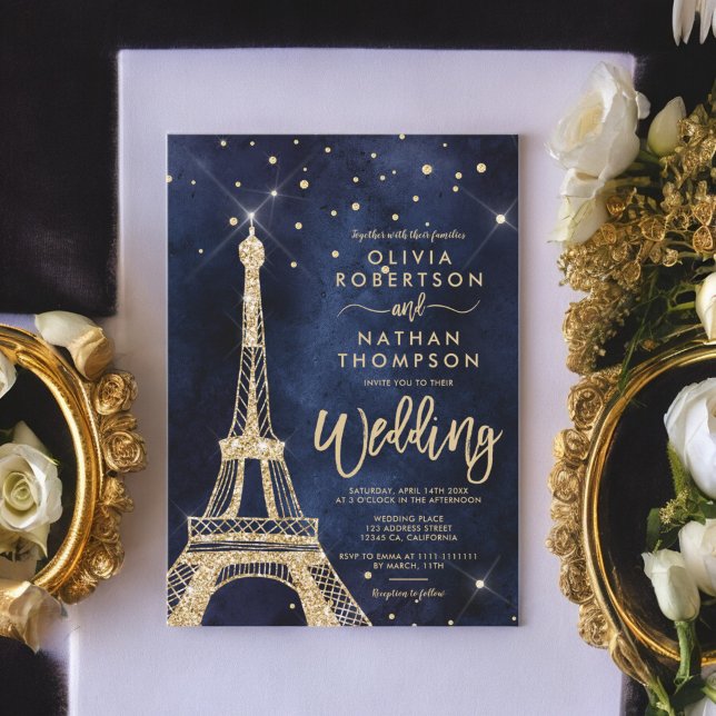 Eiffel torn chic guld glitter gnistra bröllop inbjudningar (Eiffel tower chic gold glitter sparkle wedding invitation)